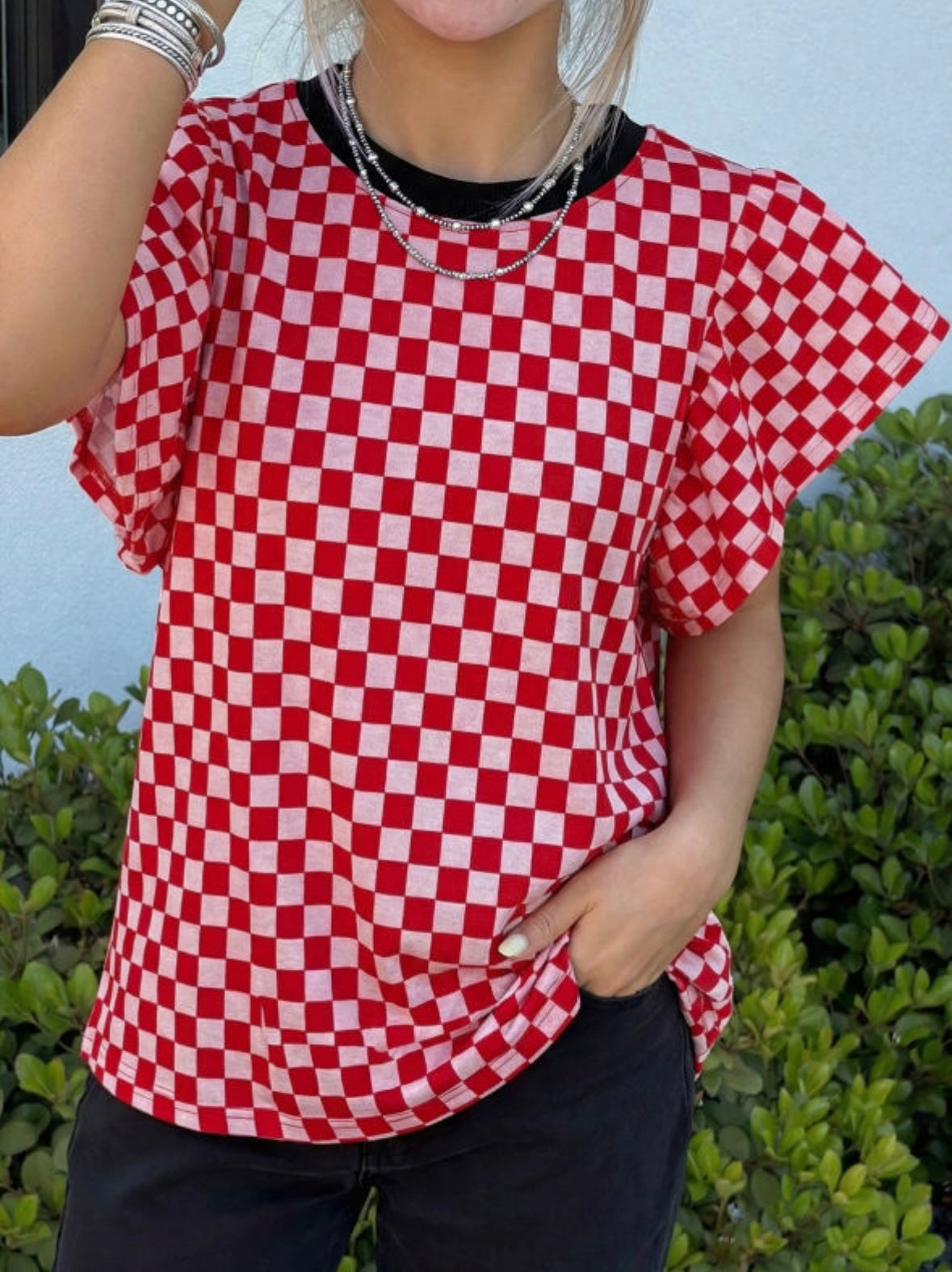 Ruffle Sleeves Checkered Top