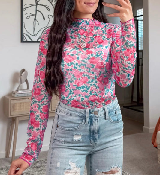 Pink Floral Mesh Top