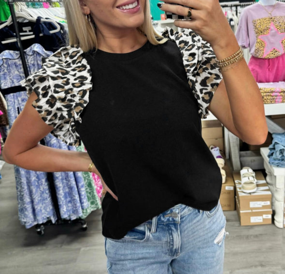 Leopard Ruffle Sleeve Top
