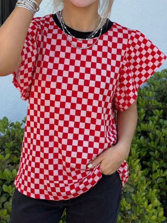 Ruffle Sleeves Checkered Top